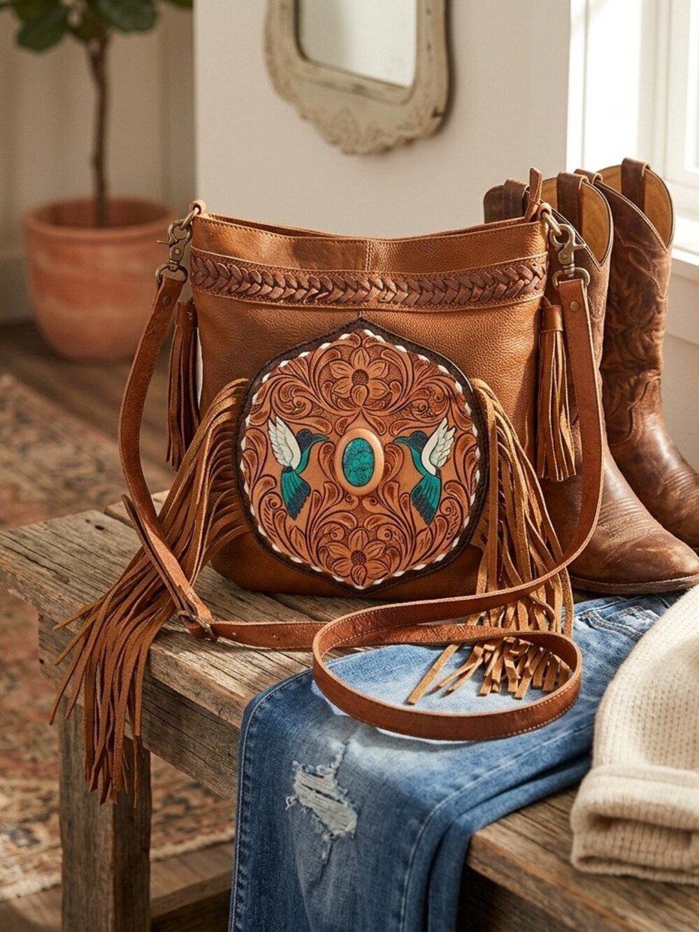 American Darling Turquoise Hummingbird Spirit Fringe Crossbody - Picture 7 of 9